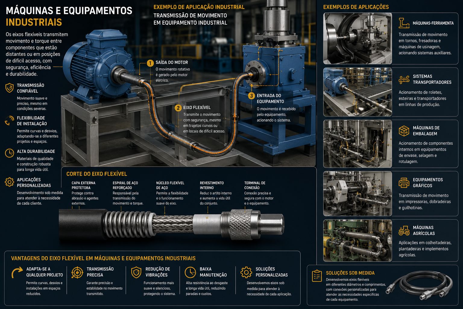 Ilustração conceitual de aplicação do eixo flexível em máquinas e equipamentos industriais