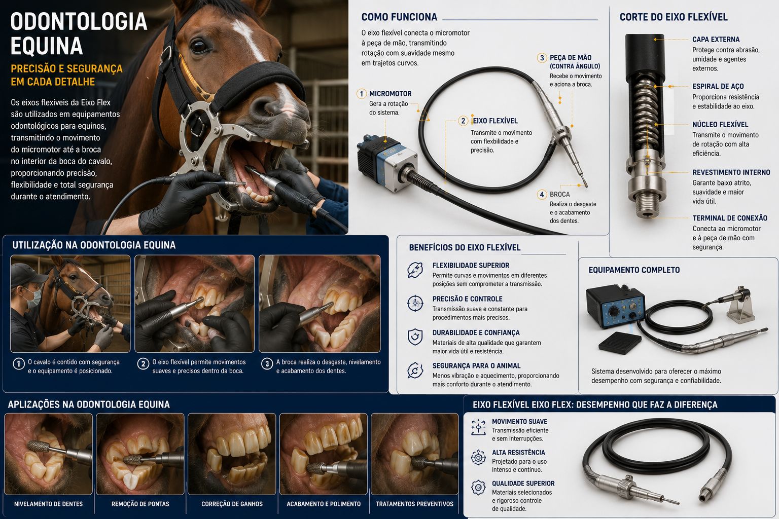 Ilustração conceitual de aplicação do eixo flexível em odontologia veterinária equina